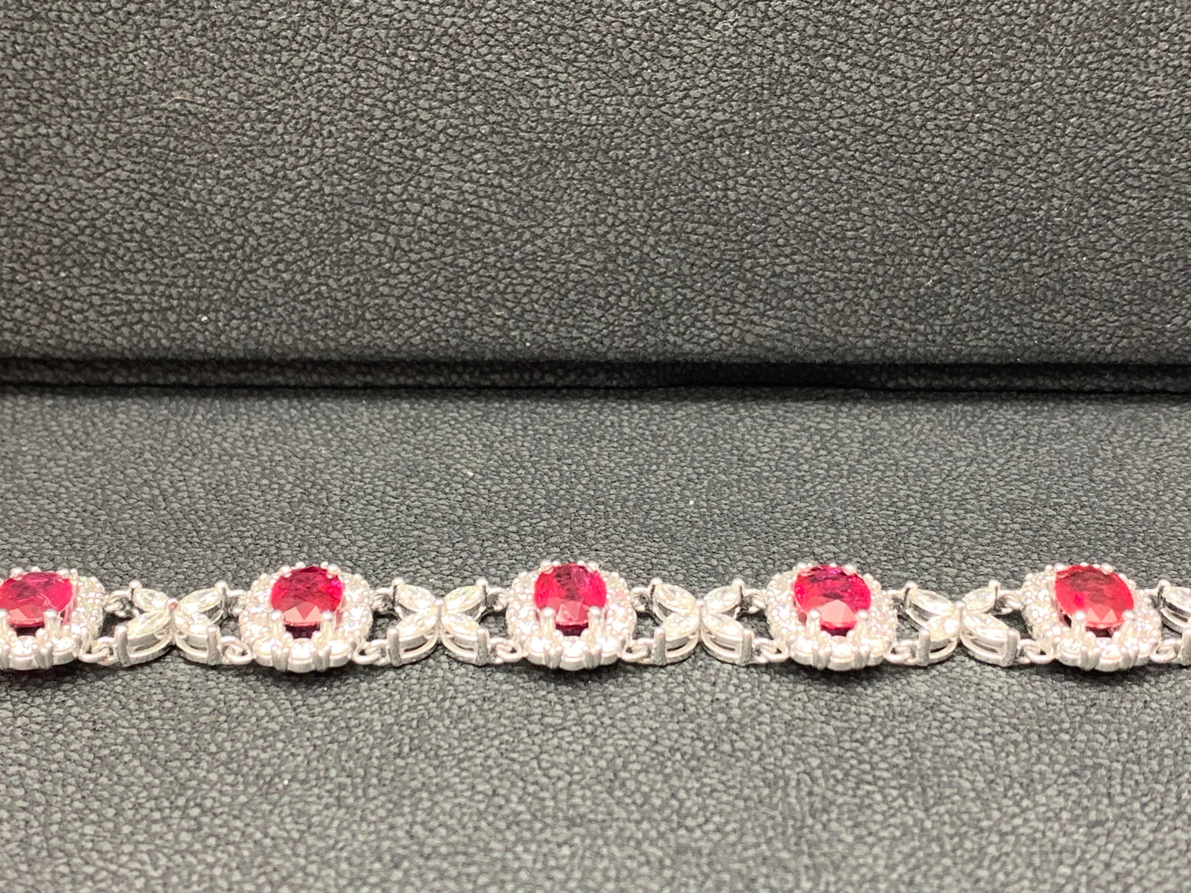 12.54 Carat Oval Cut Ruby and Diamond Tennis Bracelet in 14K White Gold For Sale 1