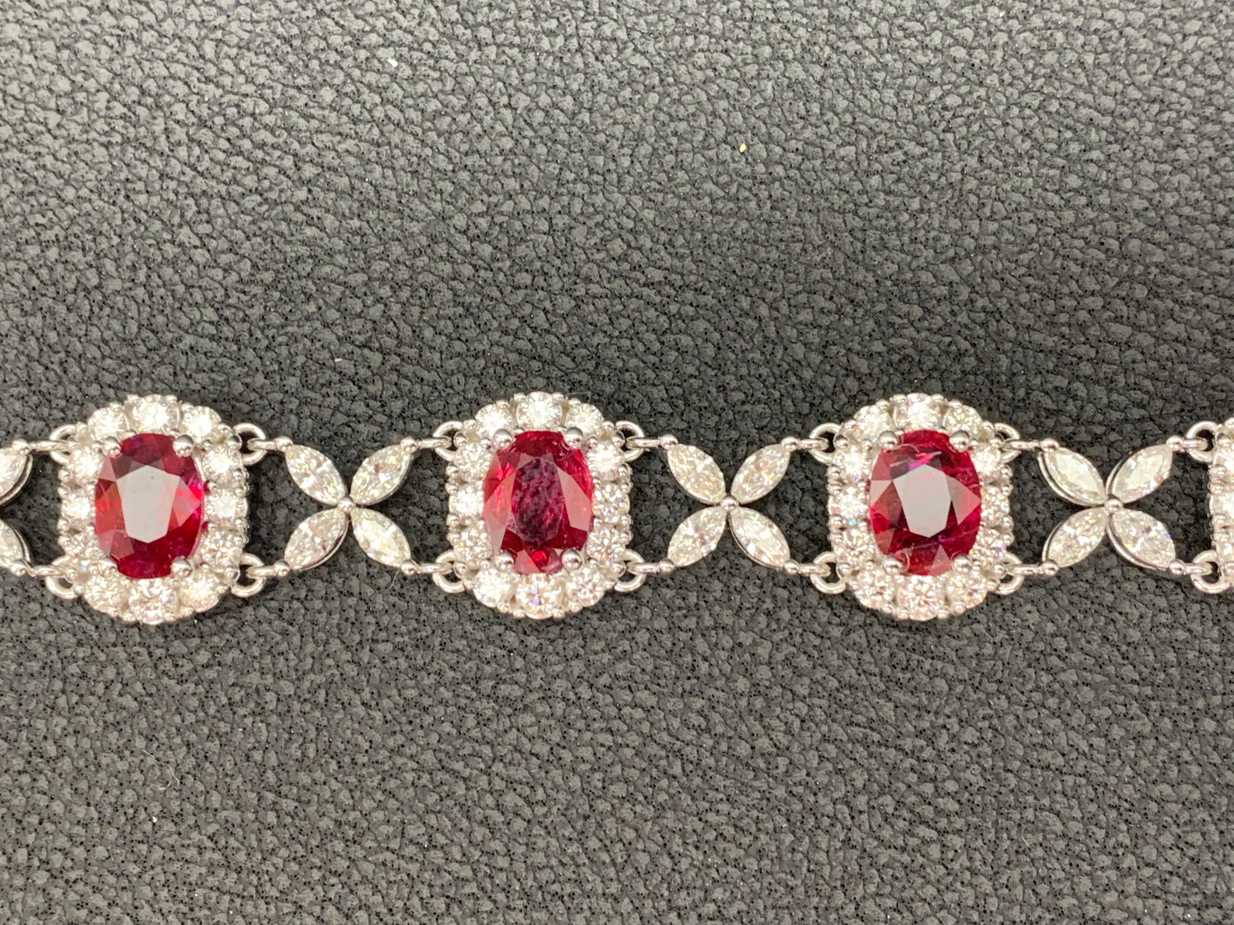12.54 Carat Oval Cut Ruby and Diamond Tennis Bracelet in 14K White Gold For Sale 2