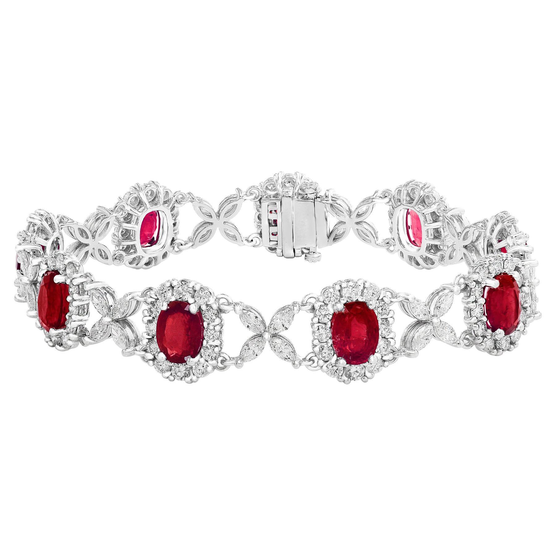 Bracelet tennis en or blanc 14 carats avec diamants et rubis de taille ovale de 12,54 carats