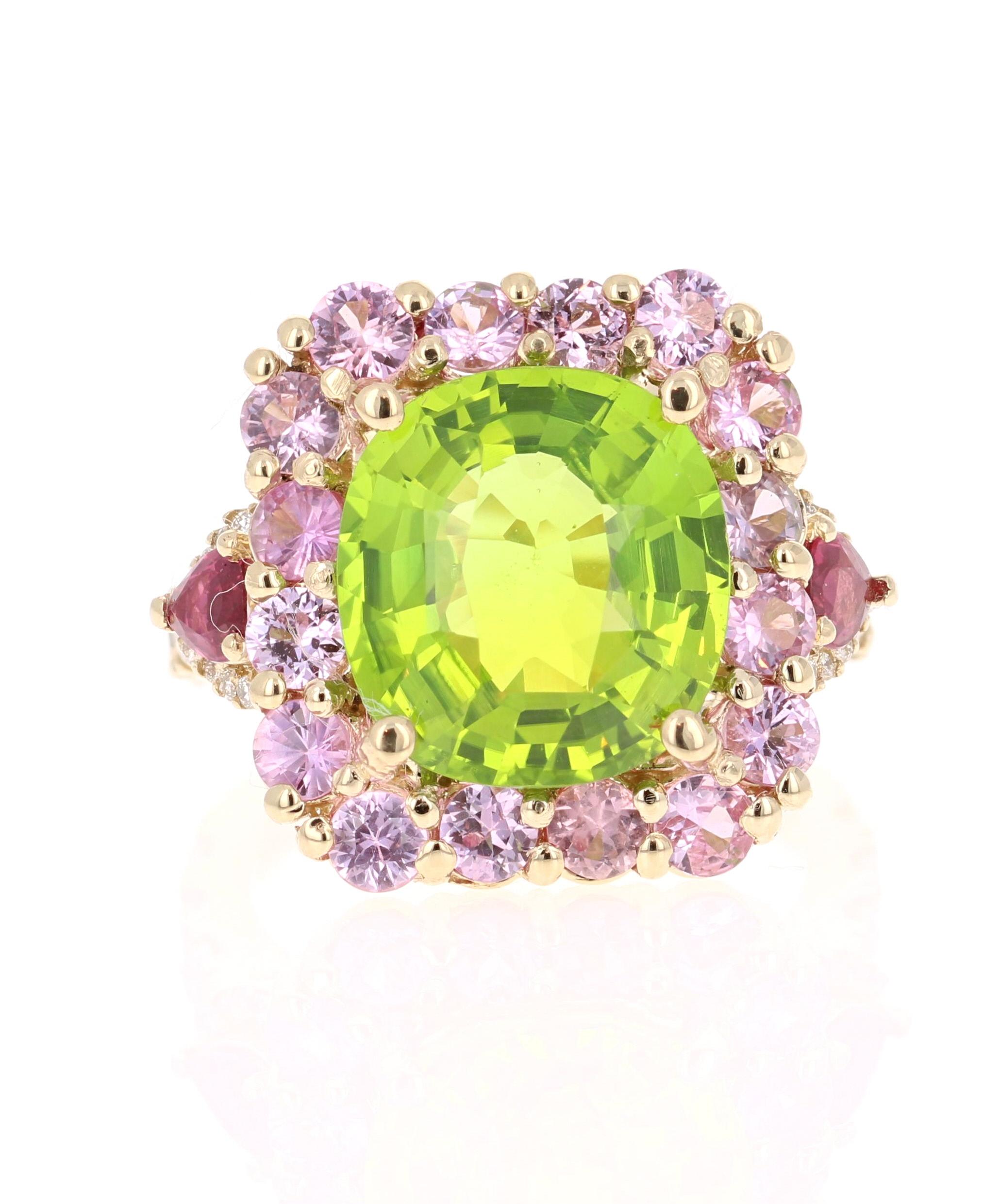 A Magnificent Beauty that is truly a Statement Piece!

This Peridot and Diamond Ring has a 9.33 Carat Oval Cut Peridot and is surrounded by 16 Pink Sapphires that weigh 2.30 Carats. There are 2 Pear Cut Rubies that sit on the upper shank of the ring