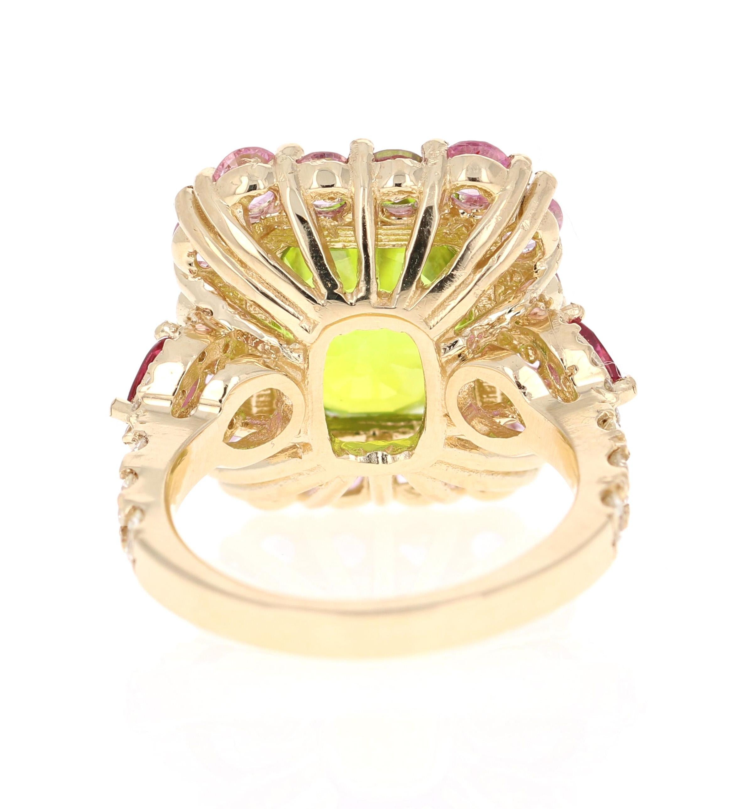 Modern Peridot Pink Sapphire Ruby Diamond 14 Karat Yellow Gold Cocktail Ring
