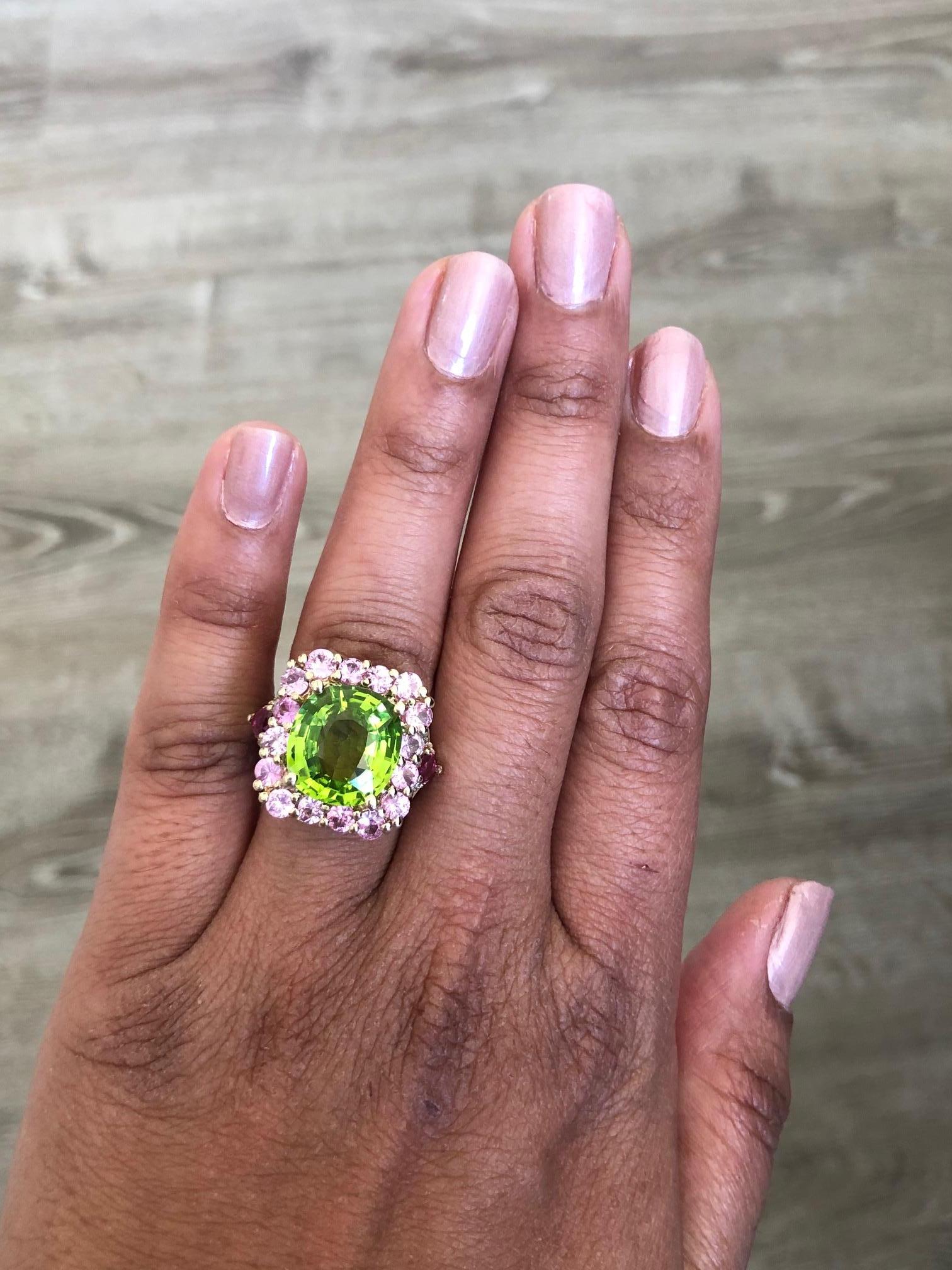 Peridot Pink Sapphire Ruby Diamond 14 Karat Yellow Gold Cocktail Ring In New Condition In Los Angeles, CA