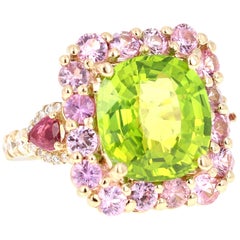 Peridot Pink Sapphire Ruby Diamond 14 Karat Yellow Gold Cocktail Ring
