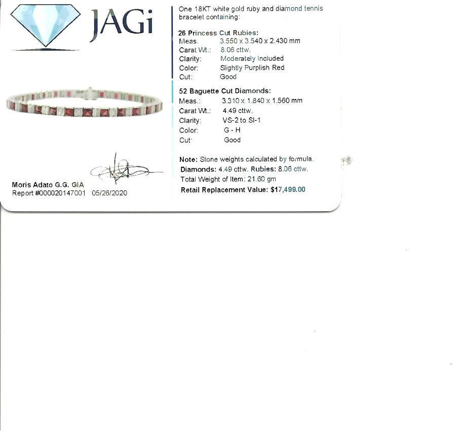 Princess Ruby and Baguette Diamond Tennis Bracelet in 18 Karat White Gold For Sale 3