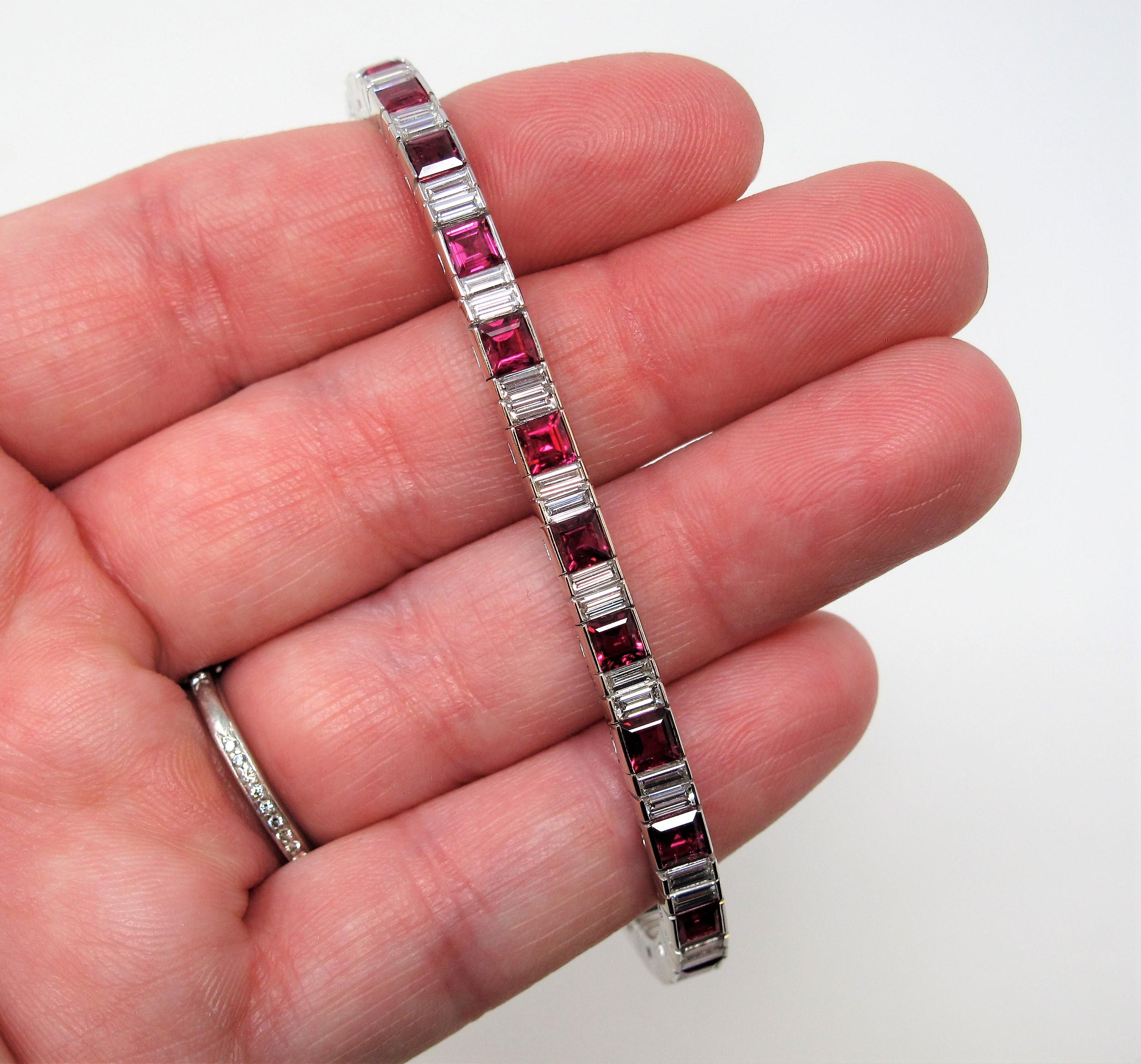 Contemporary Princess Ruby and Baguette Diamond Tennis Bracelet in 18 Karat White Gold For Sale