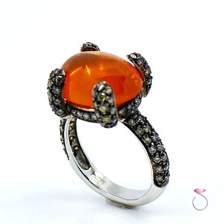 Oval Cut 12.55 Ct. Fire Opal & Pave' Diamond Designer Ring in 18K Gold by Assor Gioielli For Sale