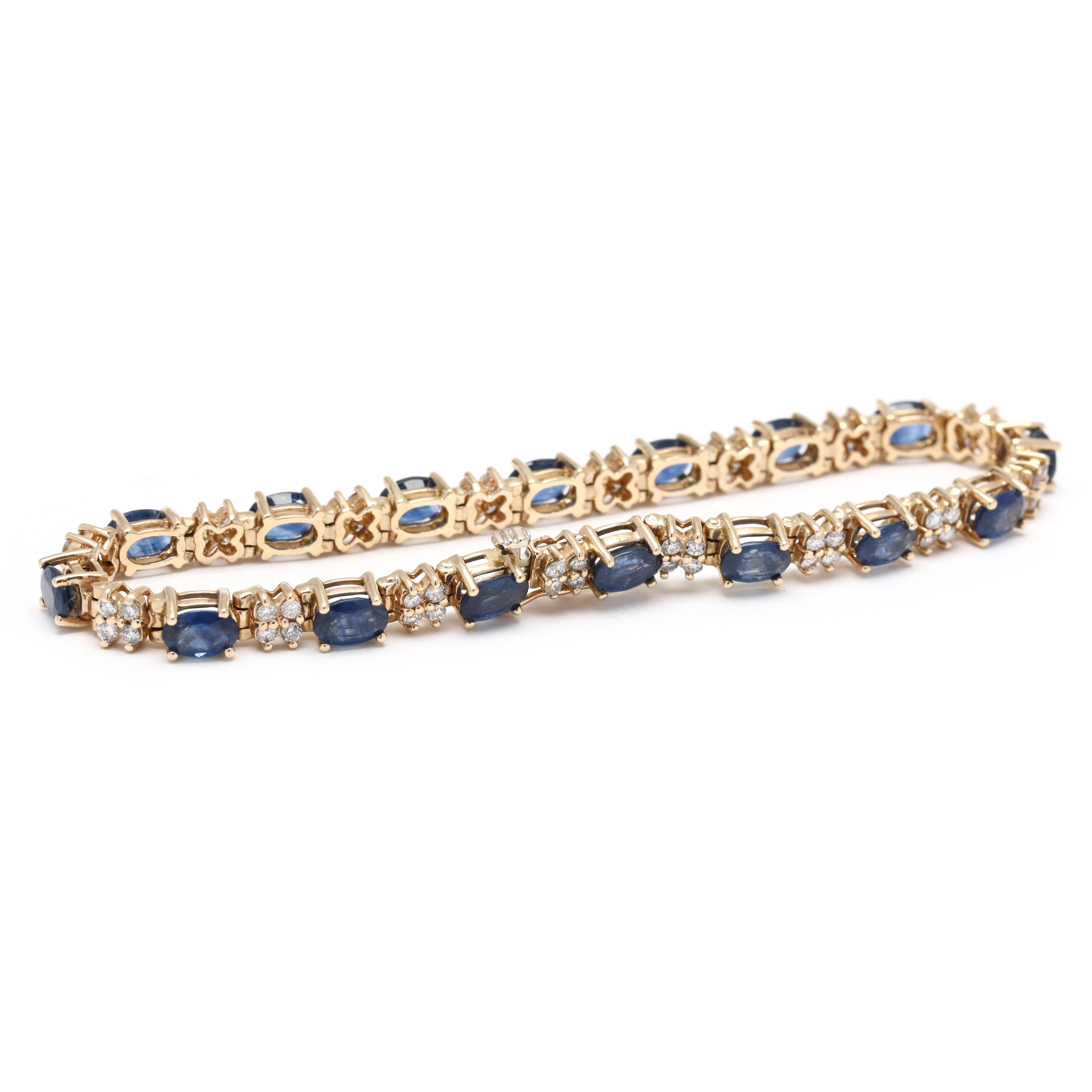 This stunning 12.55ctw Blue Sapphire Diamond Tennis Bracelet is a true showstopper. Crafted from 14K yellow gold, this bracelet features a stunning array of blue sapphire gemstones that are elegantly accented by sparkling diamonds. The total carat