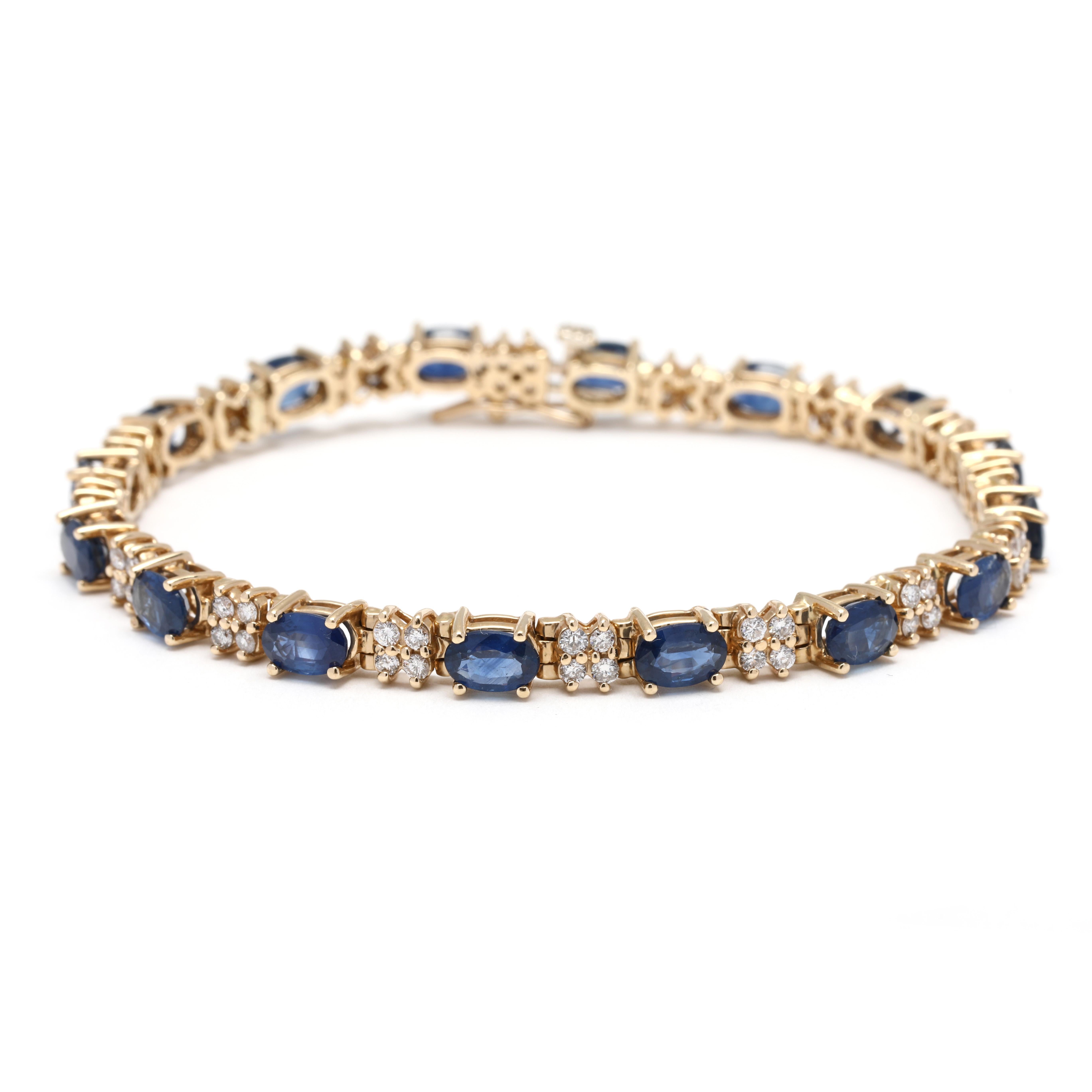 12.55ctw Blue Sapphire Diamond Tennis Bracelet, 14K Yellow Gold, Length 7 1/8 In In Good Condition For Sale In McLeansville, NC