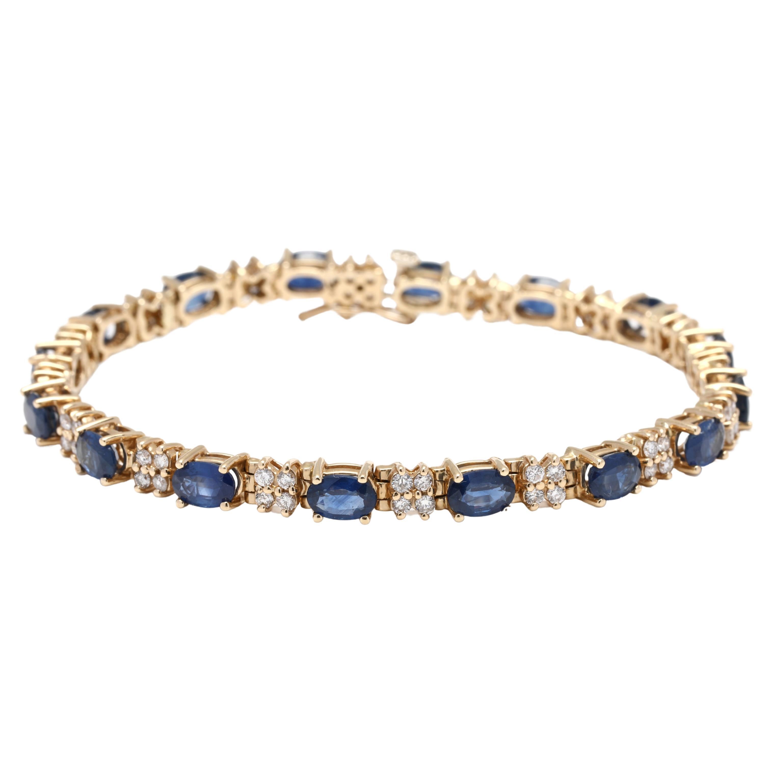 12.55ctw Blue Sapphire Diamond Tennis Bracelet, 14K Yellow Gold, Length 7 1/8 In For Sale