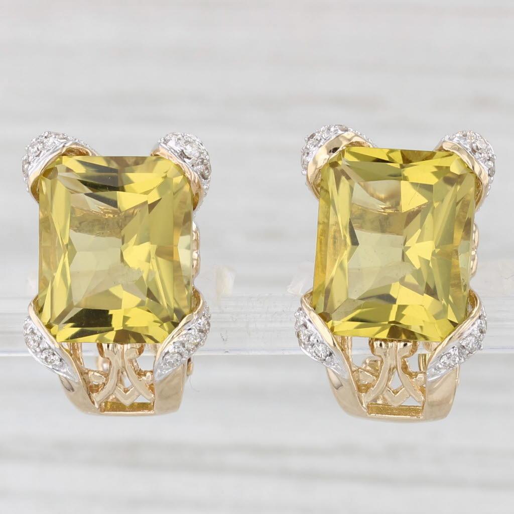 12.55ctw Lemon Quartz Diamond Drop Earrings 14k Yellow Gold Omega Backs