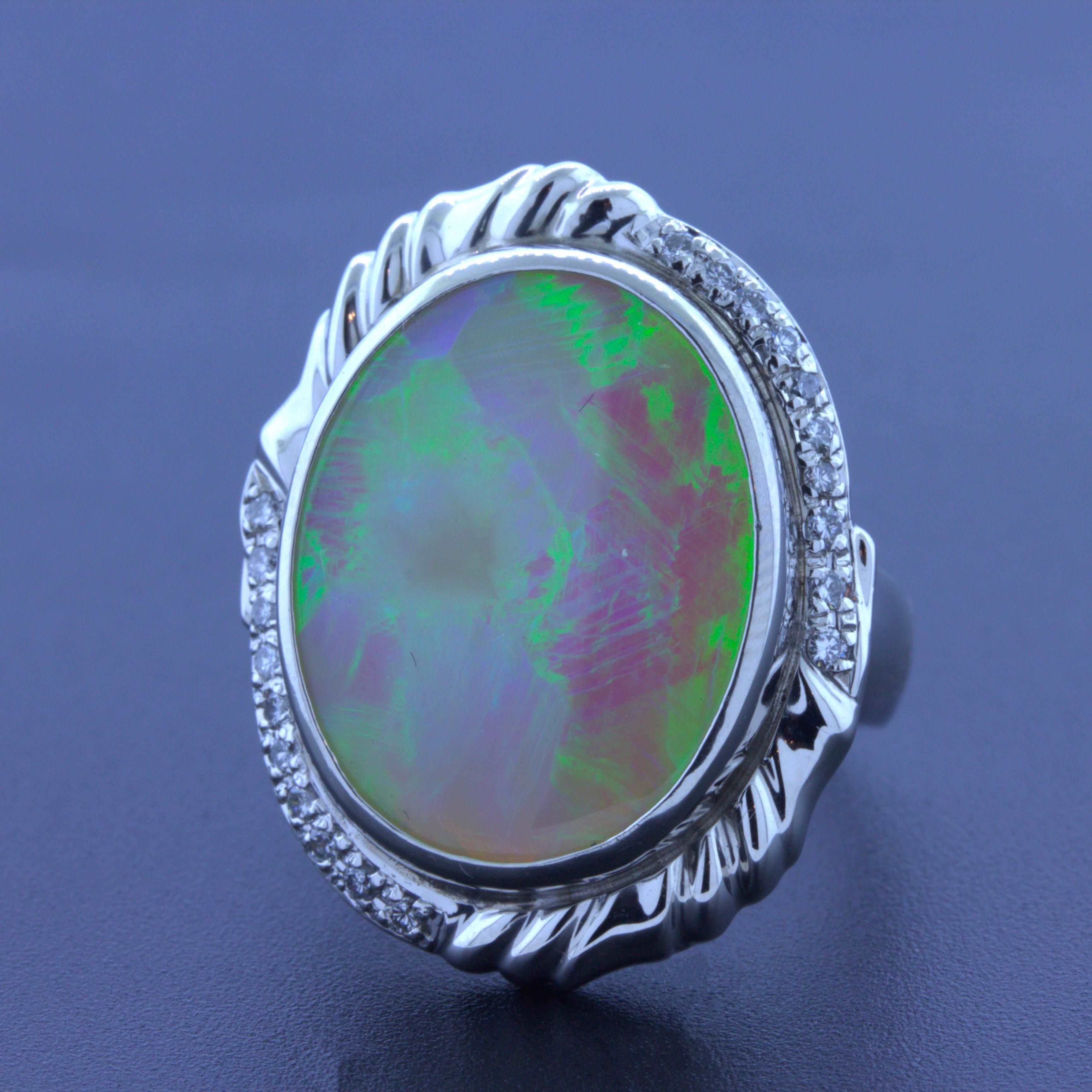 Oval Cut 12.56 Carat Australian Opal Diamond Platinum Ring For Sale