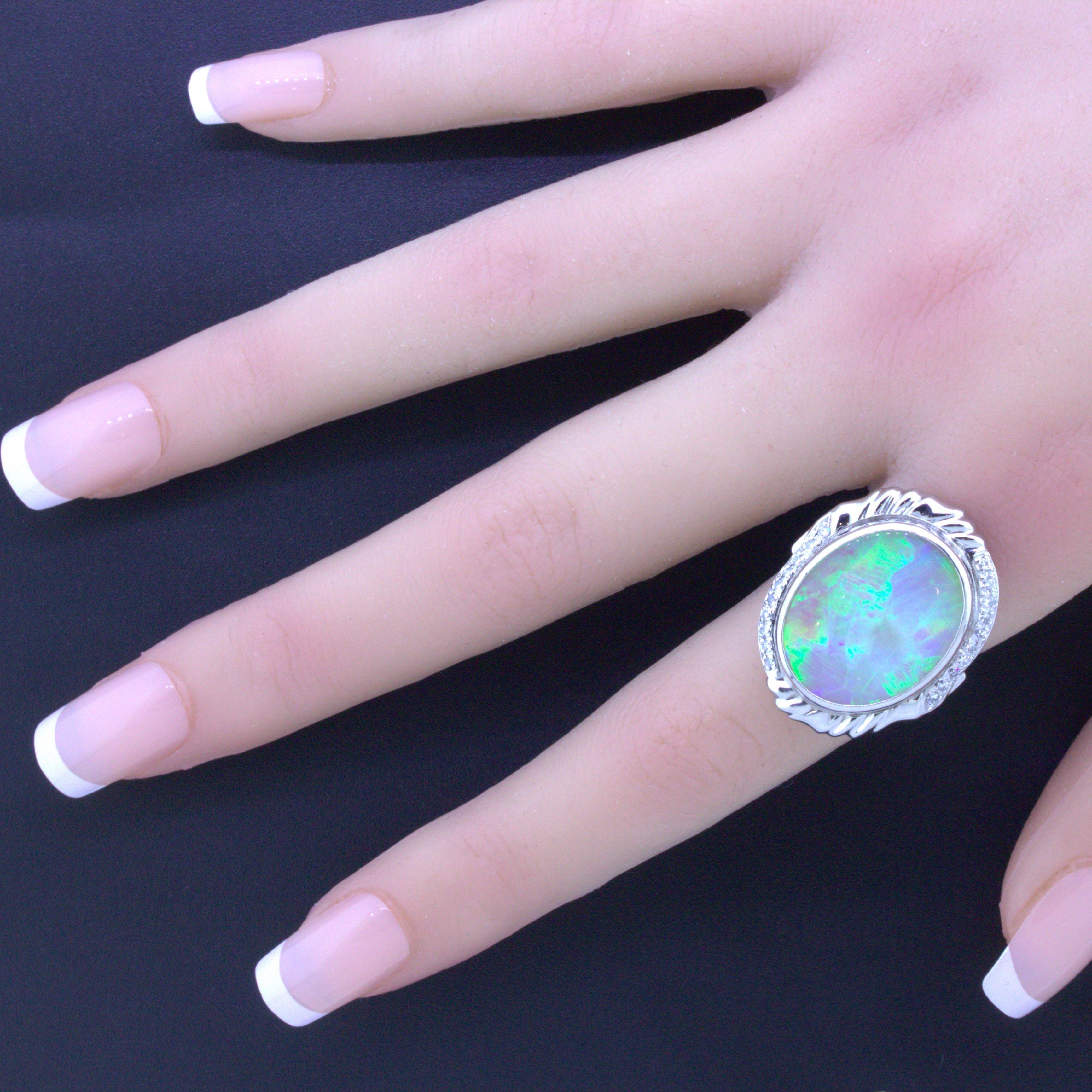 12.56 Carat Australian Opal Diamond Platinum Ring In New Condition For Sale In Beverly Hills, CA