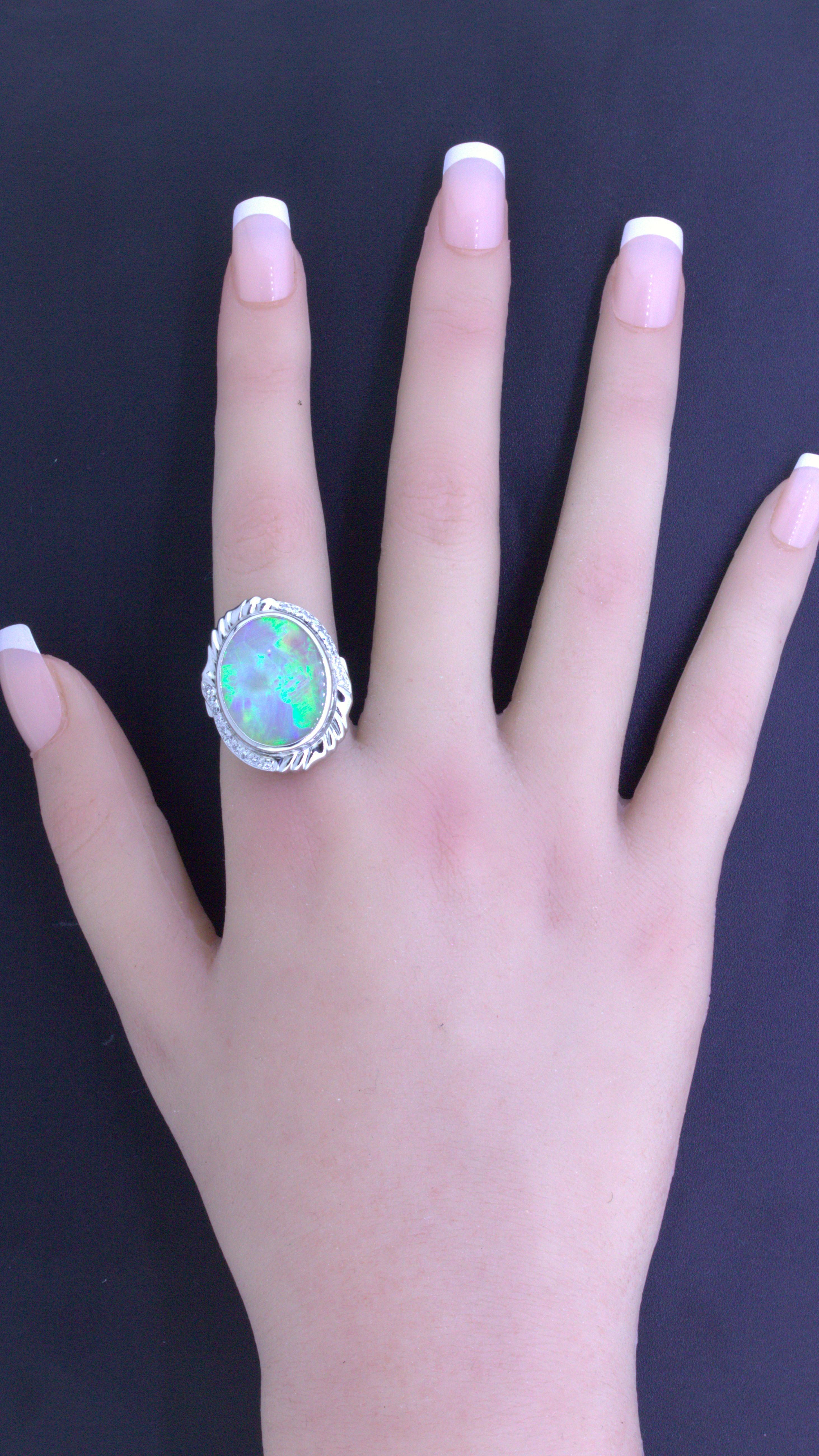 Women's 12.56 Carat Australian Opal Diamond Platinum Ring For Sale