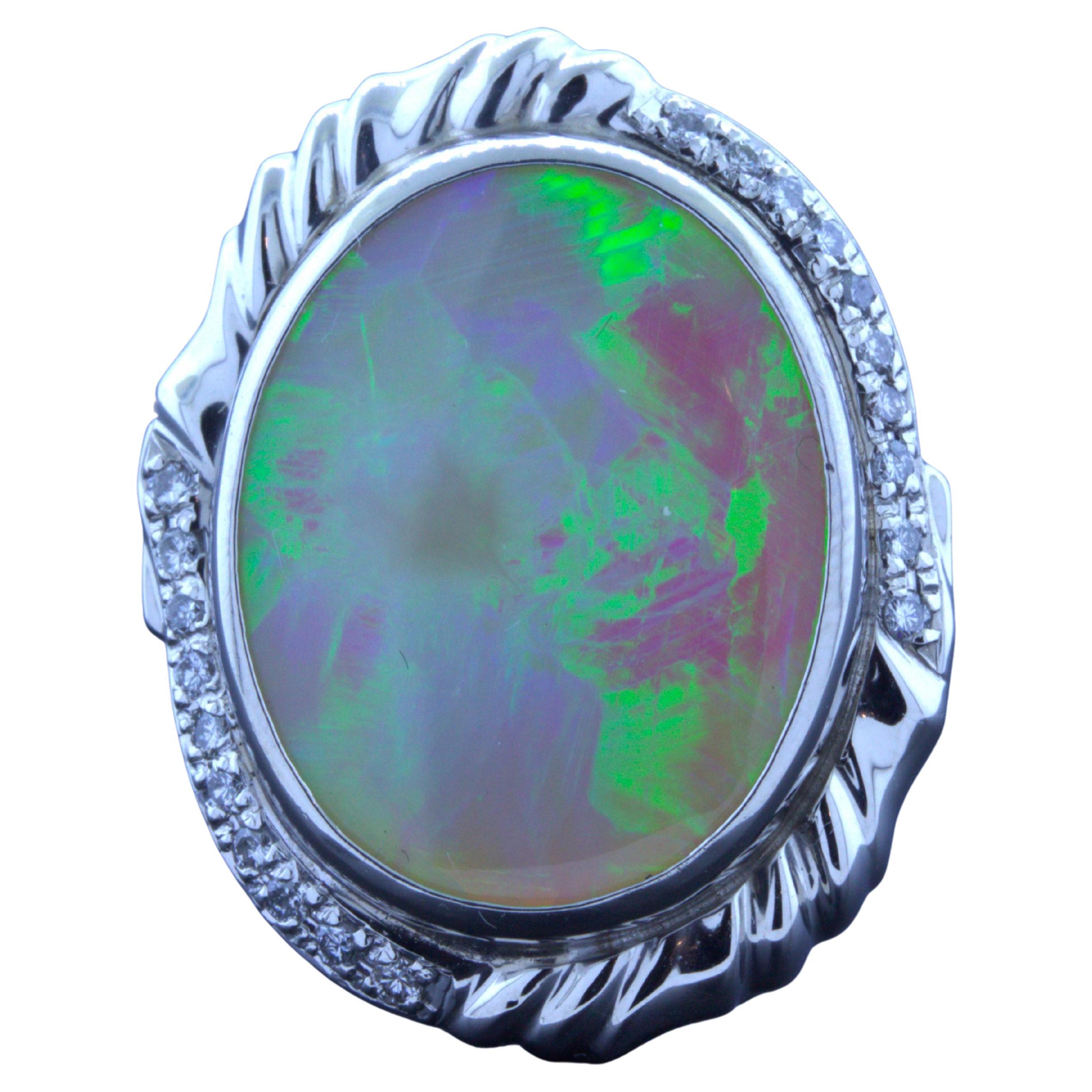12.56 Carat Australian Opal Diamond Platinum Ring