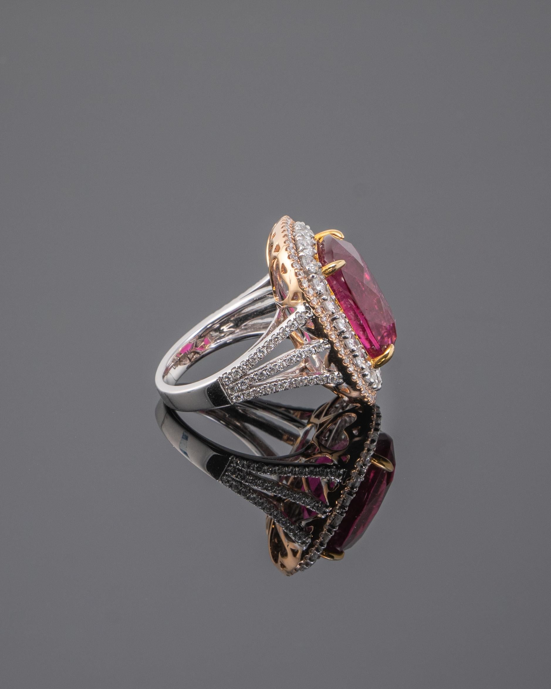 Modern 12.56 Carat Cushion Shaped Tourmaline Rubellite and Diamond Cocktail Ring For Sale