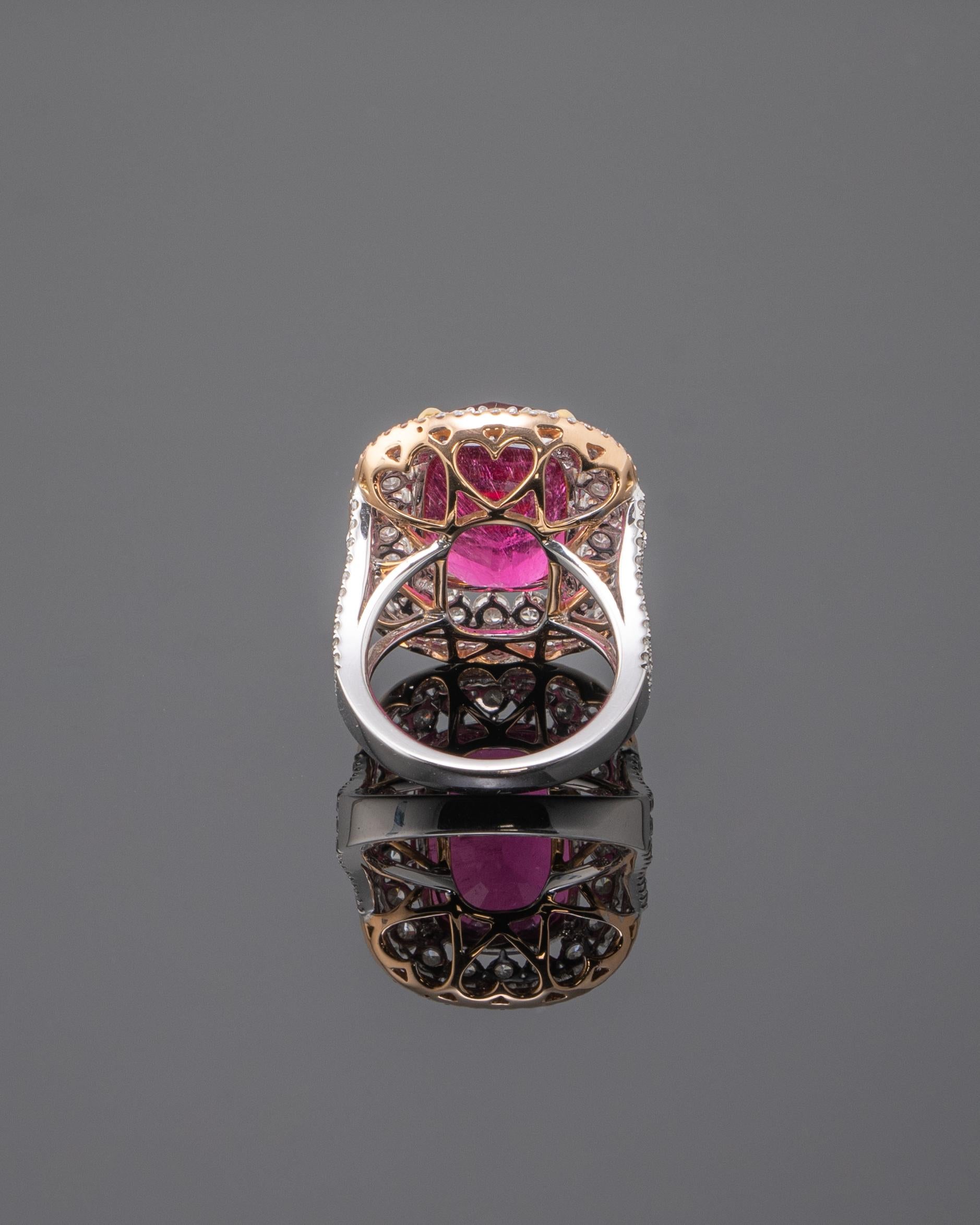 Cushion Cut 12.56 Carat Cushion Shaped Tourmaline Rubellite and Diamond Cocktail Ring For Sale