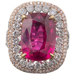 12.56 Carat Cushion Shaped Tourmaline Rubellite and Diamond Cocktail Ring