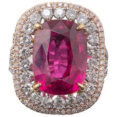 12.56 Carat Cushion Shaped Tourmaline Rubellite and Diamond Cocktail Ring