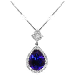 12.56 Carat Pear Shape Tanzanite and Diamond Necklace Pendant 18K White Gold