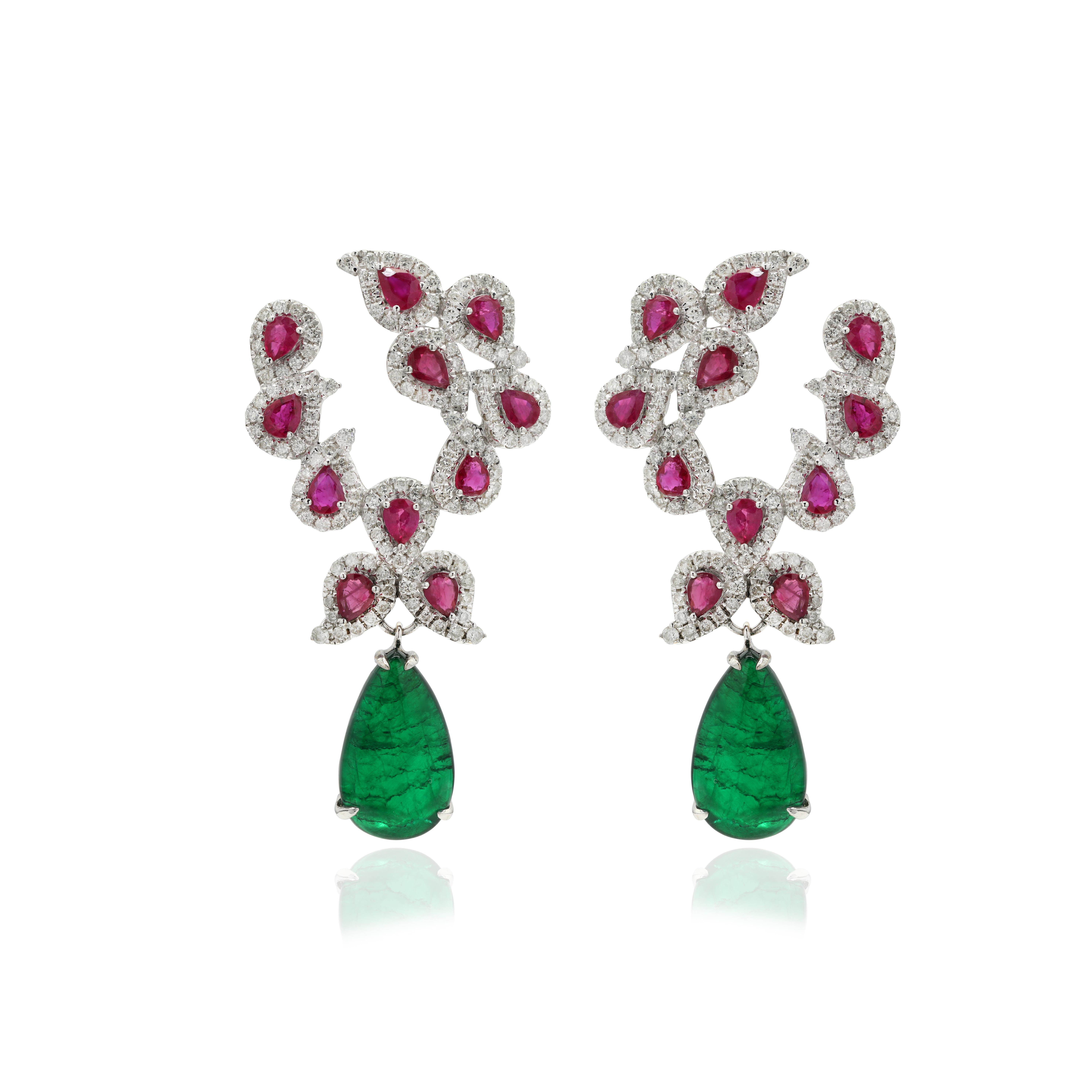 Art Deco 12.56 ct Natural Ruby & Emerald Designer Dangle Earrings Set in 14K White Gold For Sale