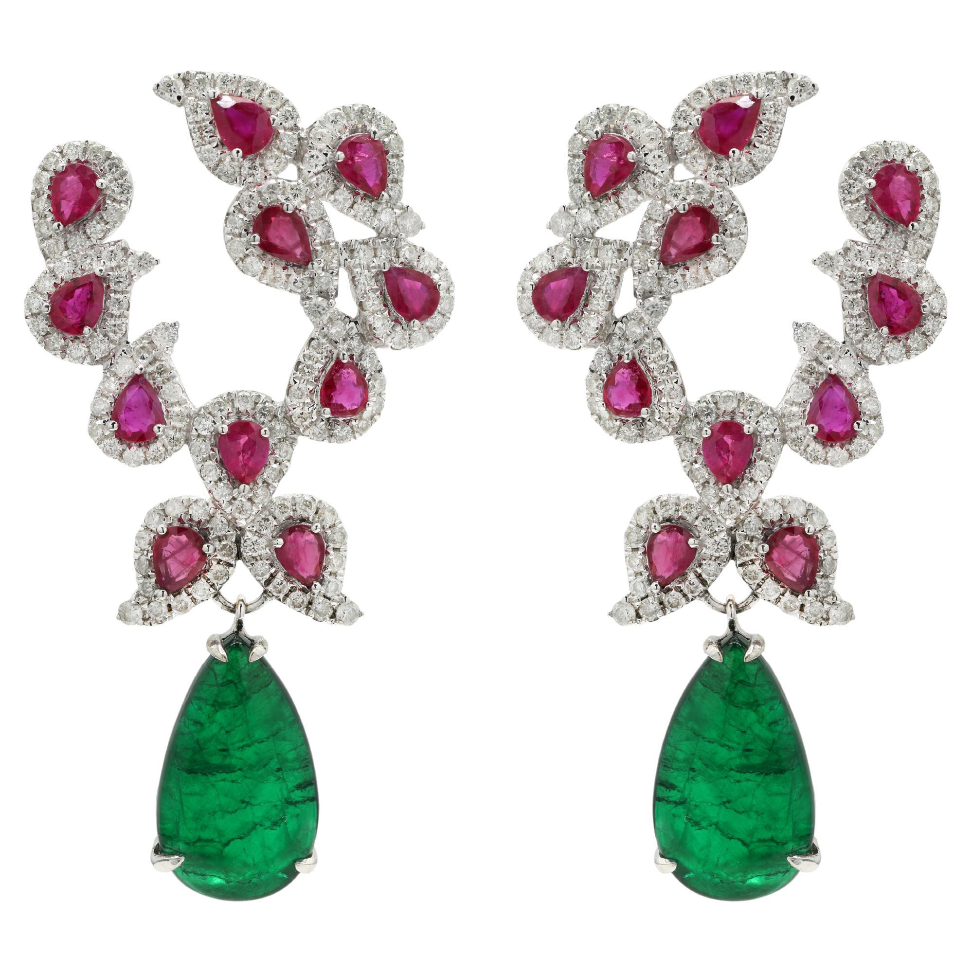 12.56 ct Natural Ruby & Emerald Designer Dangle Earrings Set in 14K White Gold