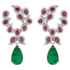 12.56 ct Natural Ruby & Emerald Designer Dangle Earrings Set in 14K White Gold