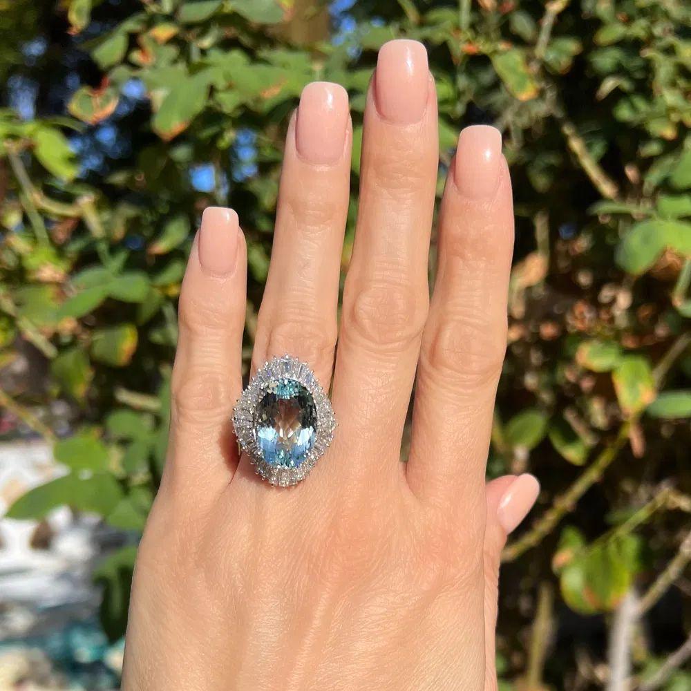 Modernist 12.57 Carat Oval Aquamarine Diamond Platinum Statement Ring Estate Fine Jewelry For Sale