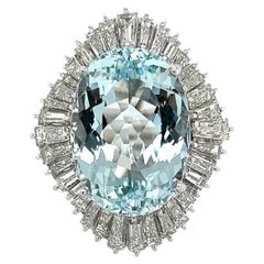 12.57 Carat Oval Aquamarine Diamond Platinum Statement Ring Estate Jewelry