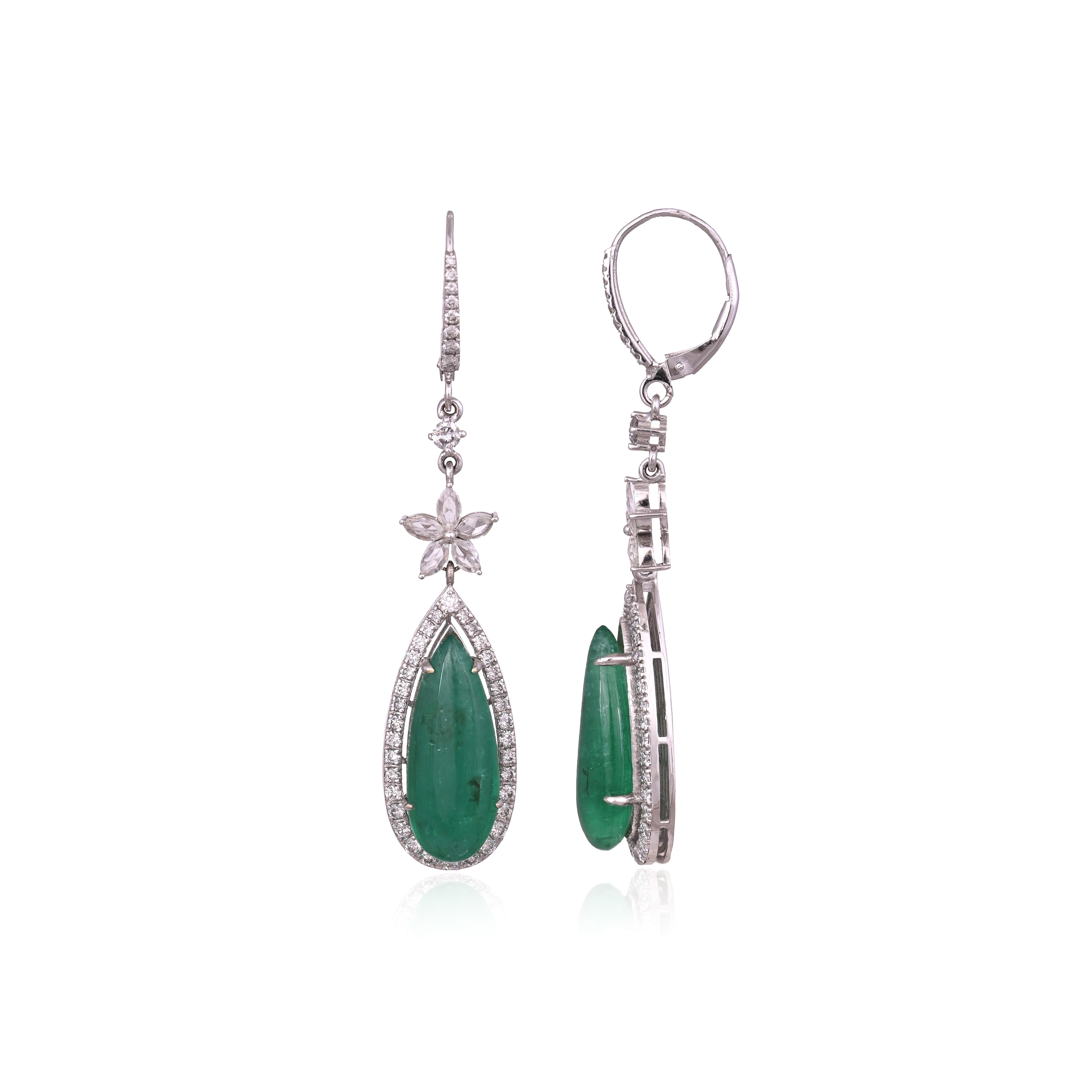 12,57 carats,  Boucles d'oreilles chandelier en émeraudes de Zambie et diamants taillés en rose en vente 5