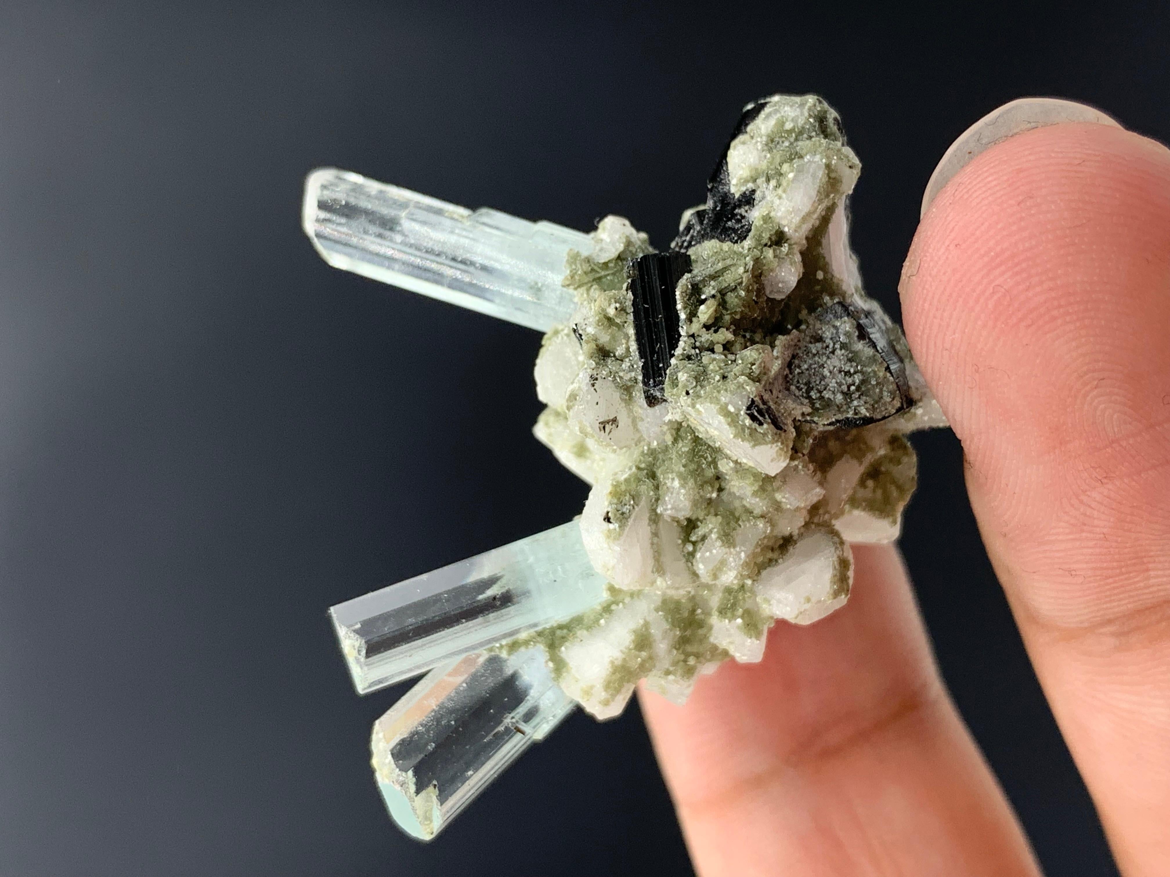 12.57 Elegant Trio Aquamarine Specimen Attached With Schorl From Pakistan  For Sale 7