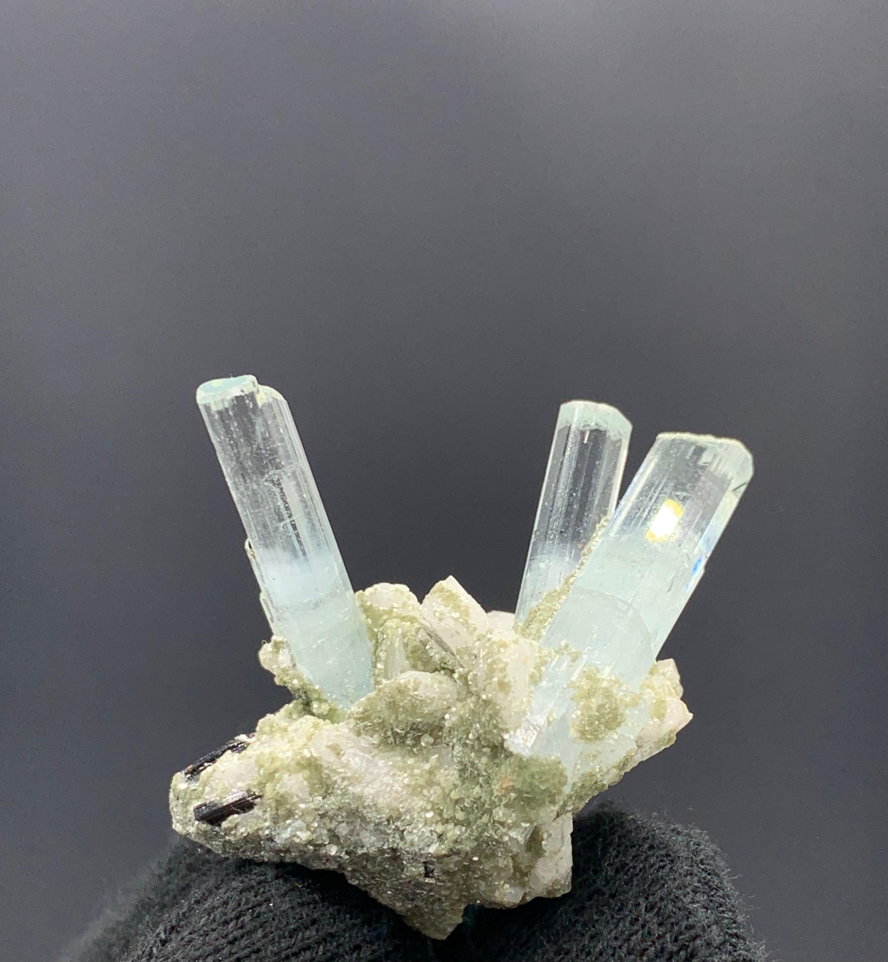 Pakistani 12.57 Elegant Trio Aquamarine Specimen Attached With Schorl From Pakistan  For Sale