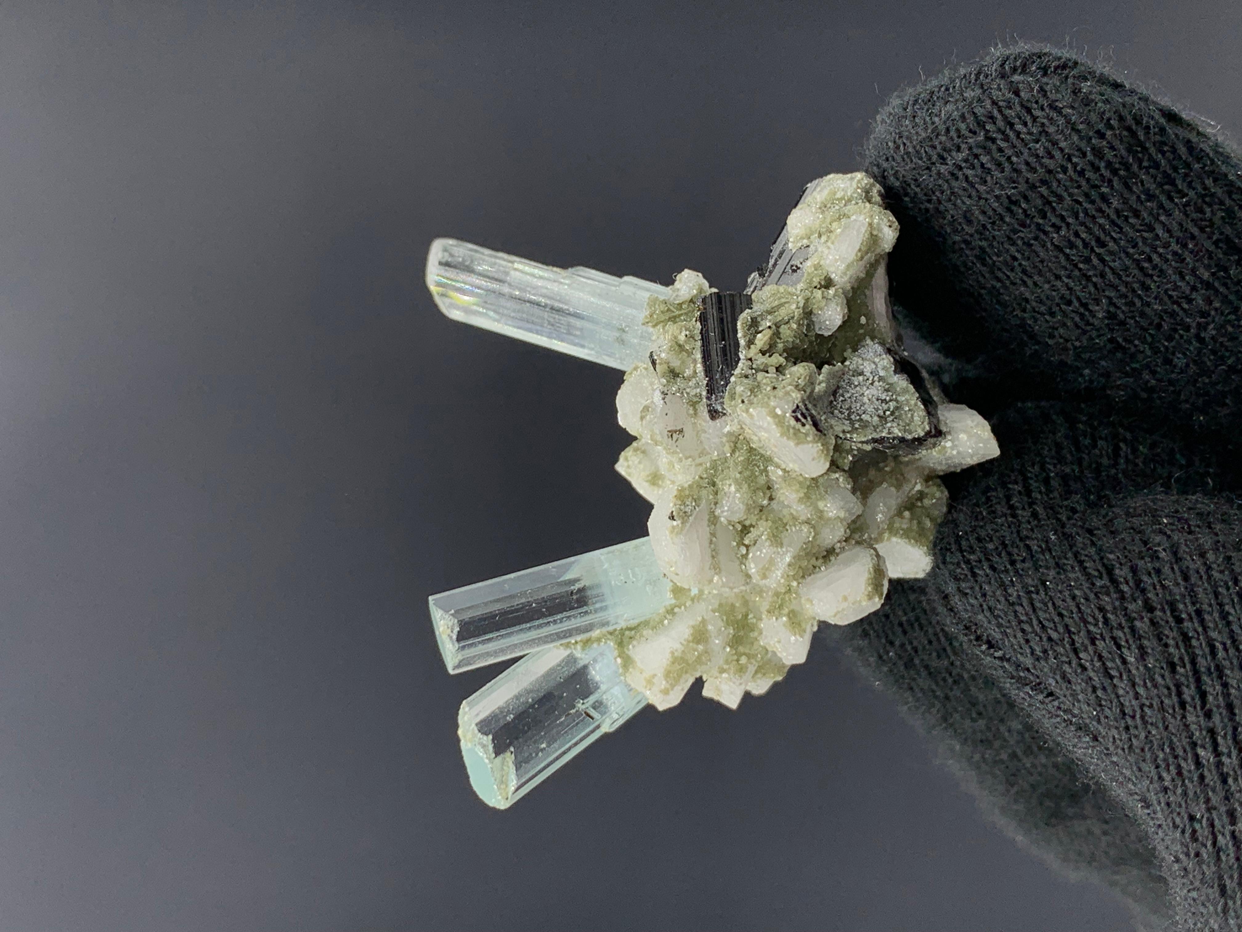 18th Century and Earlier 12.57 Elegant Trio Aquamarine Specimen Attached With Schorl From Pakistan  For Sale