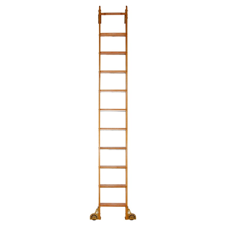 125.75 in. Tall Oak Rolling Putnam Industrial Library Ladder For Sale