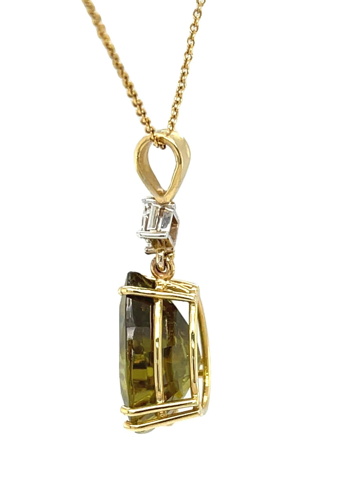 Artisan 12.58 Carat Sphene and Diamond Pendant in 18k White and Yellow Gold For Sale