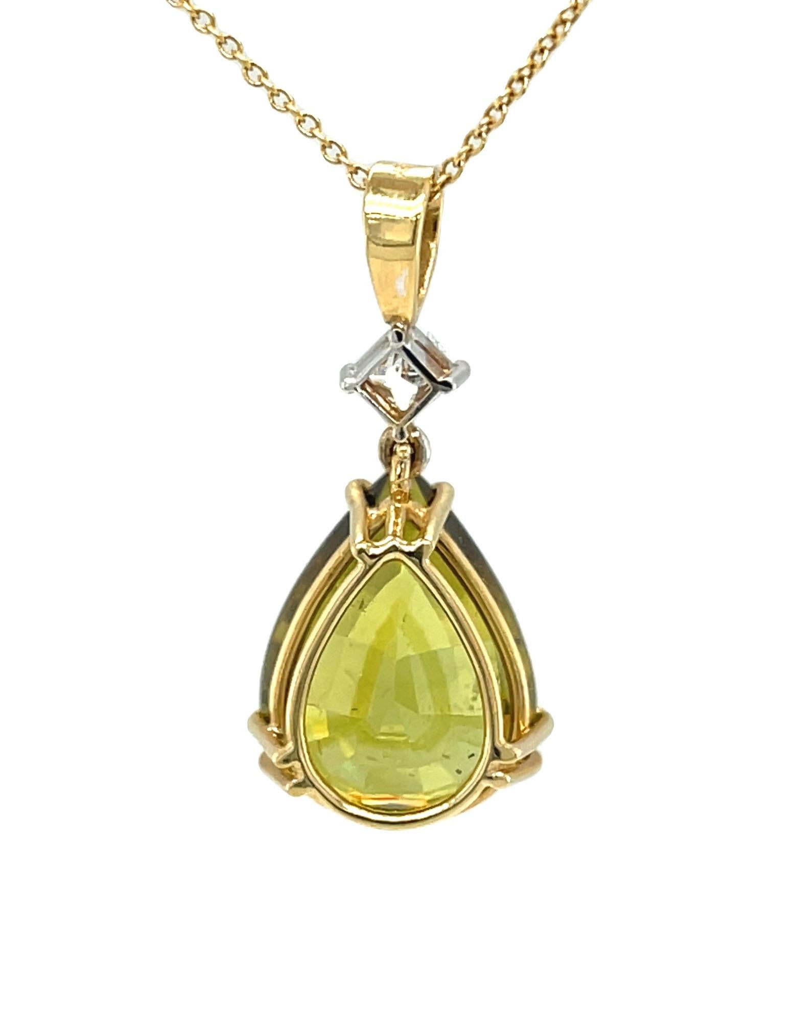 Pear Cut 12.58 Carat Sphene and Diamond Pendant in 18k White and Yellow Gold For Sale