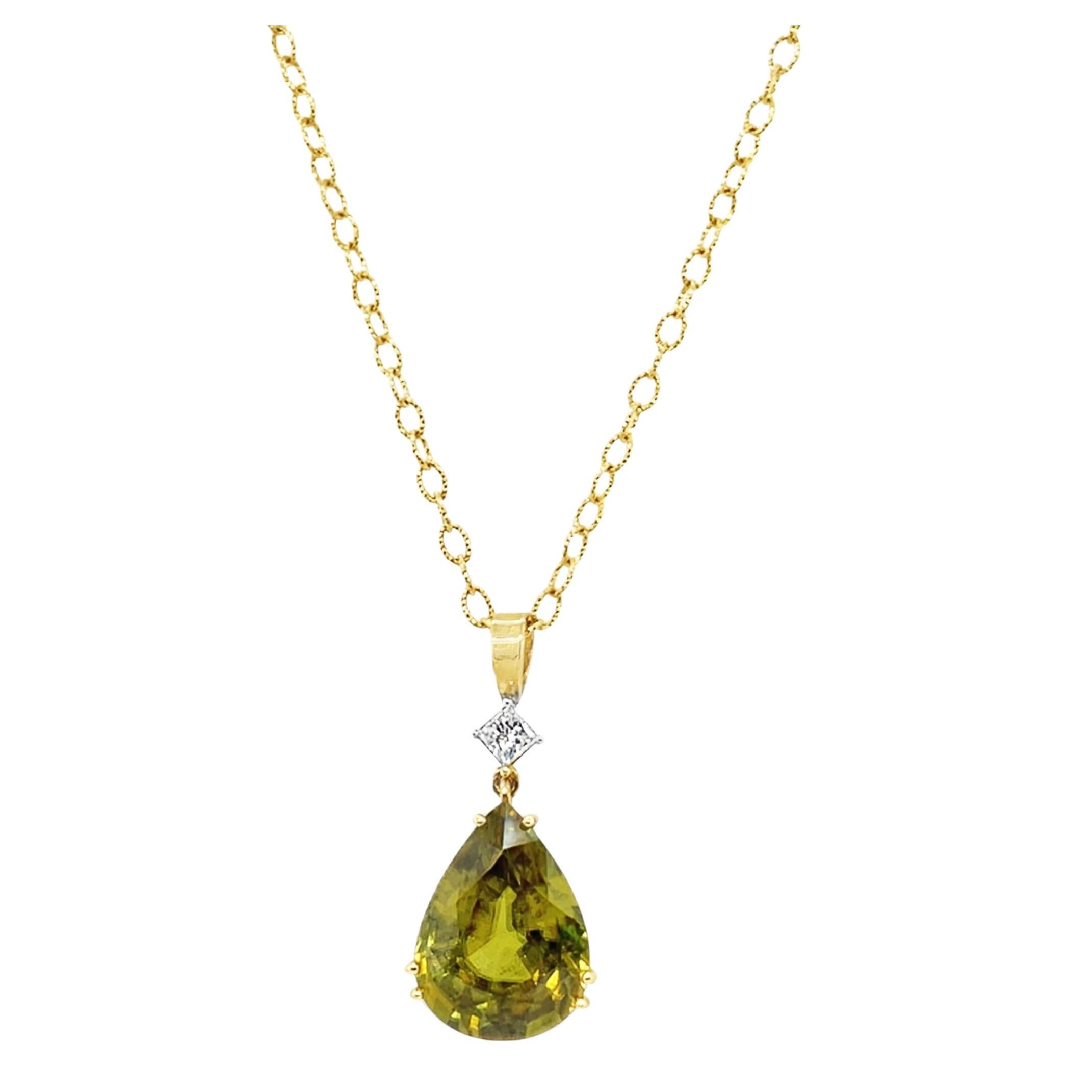 12.58 Carat Sphene and Diamond Pendant in 18k White and Yellow Gold For Sale