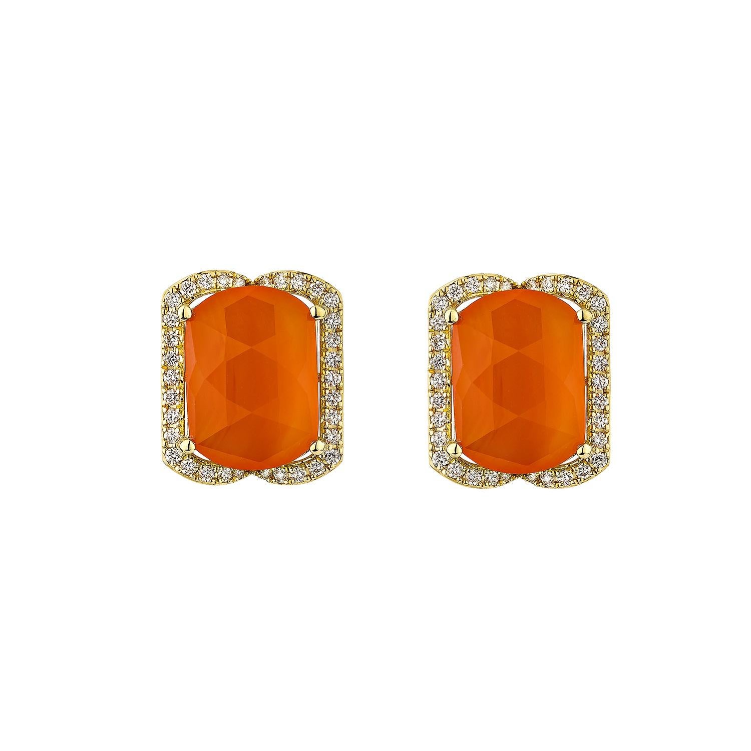 Contemporary 12.59 Carat Carnelian Stud Earring in 18Karat Yellow Gold with White Diamond. For Sale
