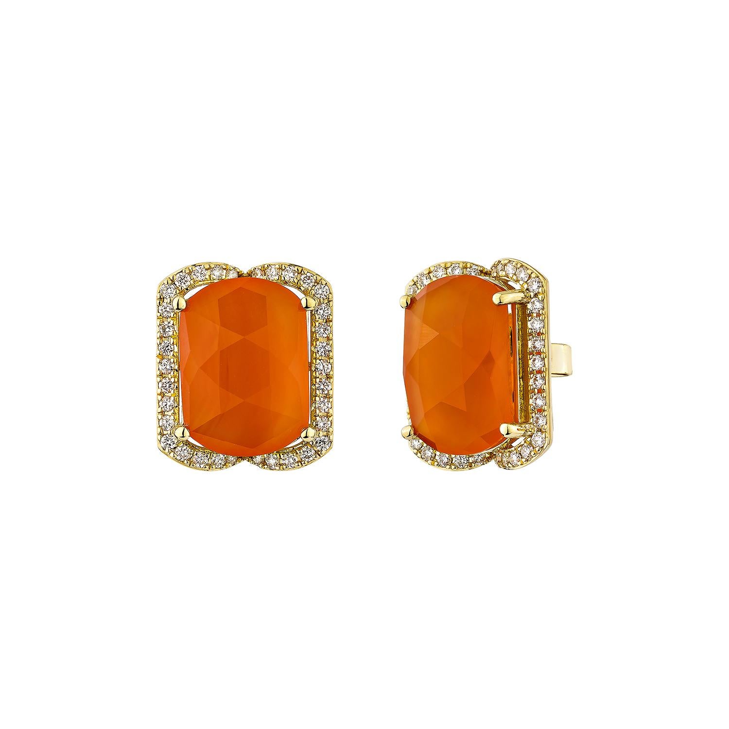 Oval Cut 12.59 Carat Carnelian Stud Earring in 18Karat Yellow Gold with White Diamond. For Sale