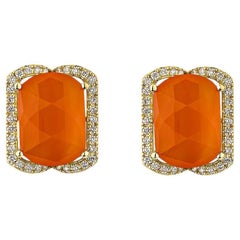 12.59 Carat Carnelian Stud Earring in 18Karat Yellow Gold with White Diamond.