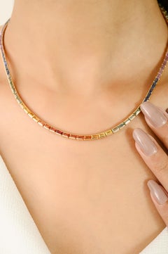 12.59 Carat Rainbow Multi Sapphire Baguette Tennis Necklace in 14k Yellow Gold