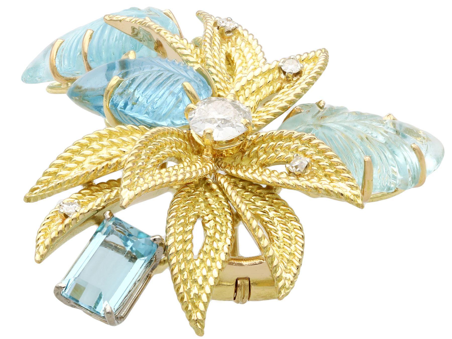 Emerald Cut 12.5 Carat Aquamarine Diamond Yellow Gold Brooch For Sale