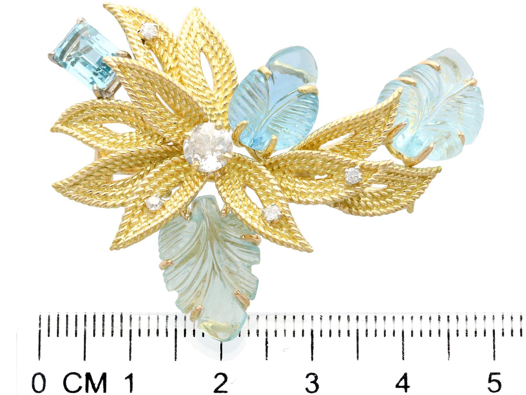 12.5 Carat Aquamarine Diamond Yellow Gold Brooch For Sale 2