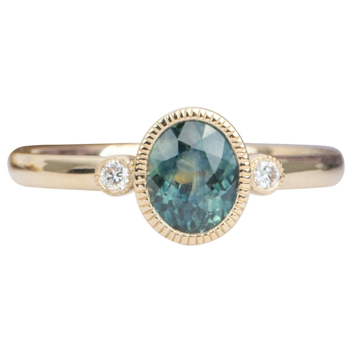 1.25Ct Blue Green Montana Sapphire Diamond Bezel Engagement Ring 14K Gold AD2214