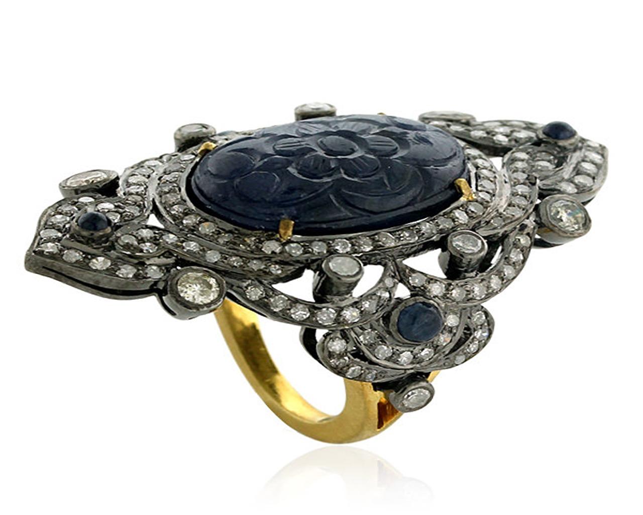 12.5ct Blue Sapphire Cocktail Ring With Pave Diamond Made In 18k Gold & Silver In New Condition For Sale In New York, NY