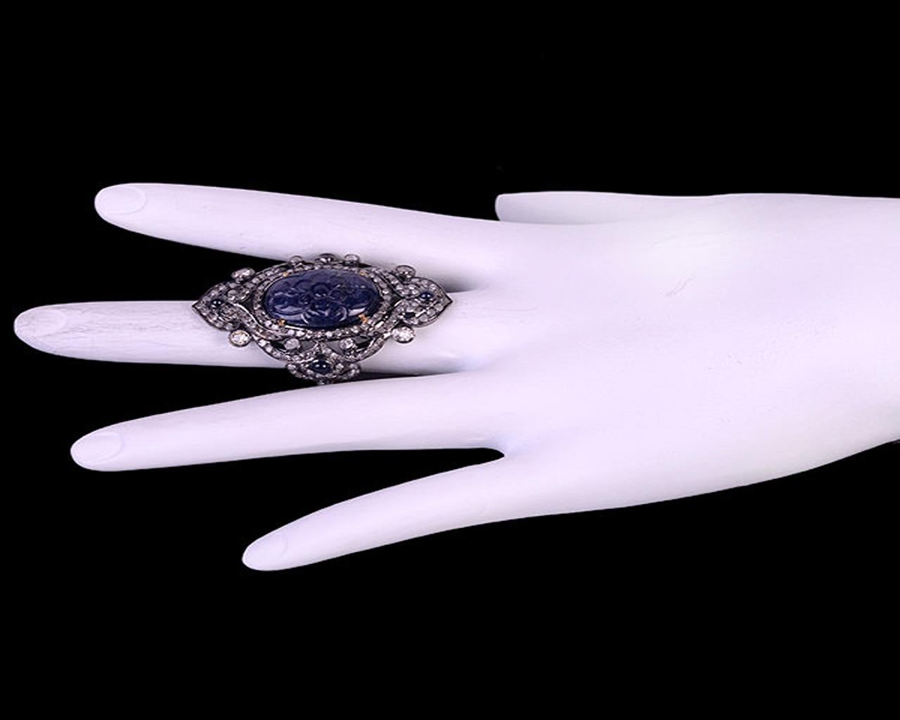 Women's 12.5ct Blue Sapphire Cocktail Ring With Pave Diamond Made In 18k Gold & Silver For Sale