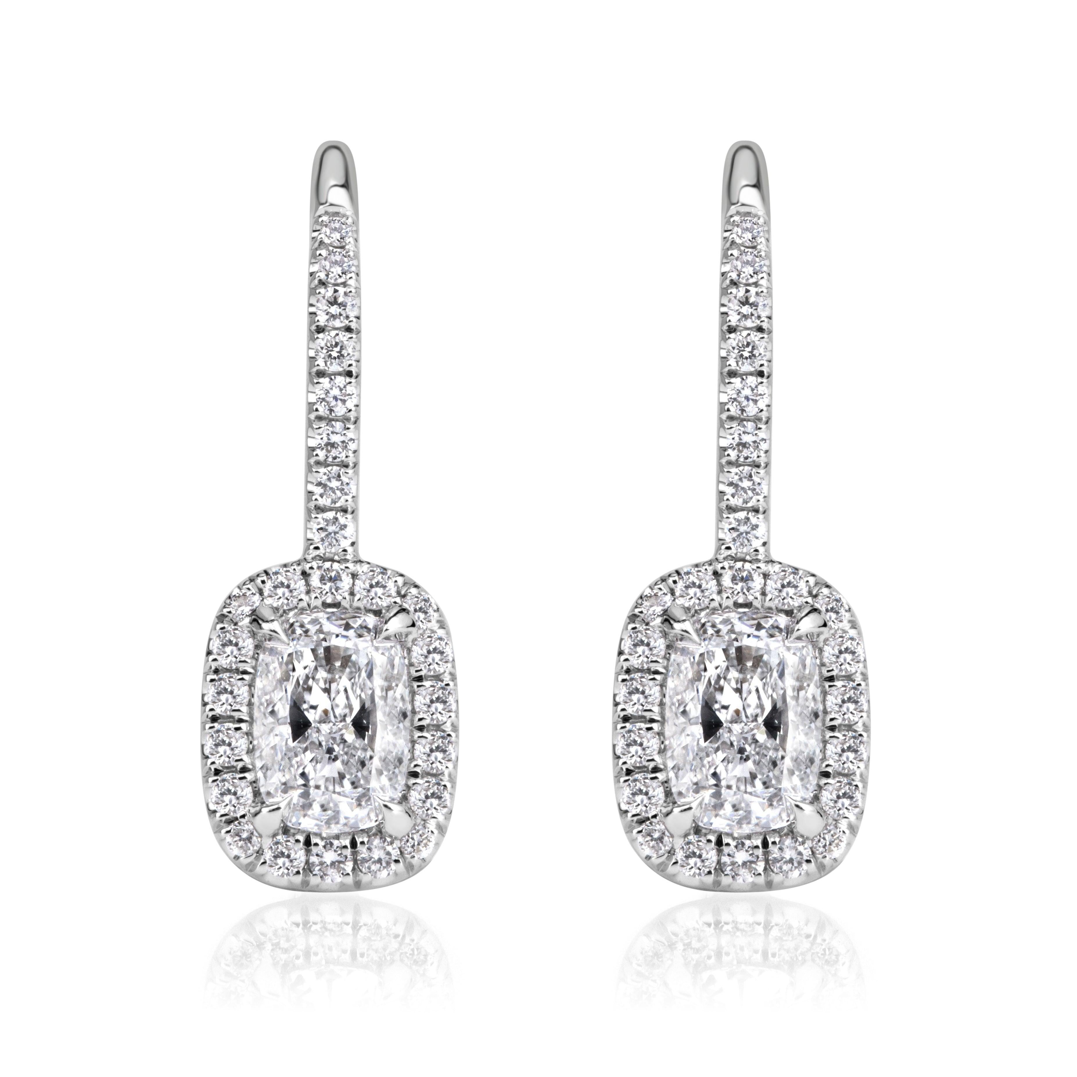 1.25ct Cushion Cut Diamond Halo Dangle Earrings in 18K White Gold