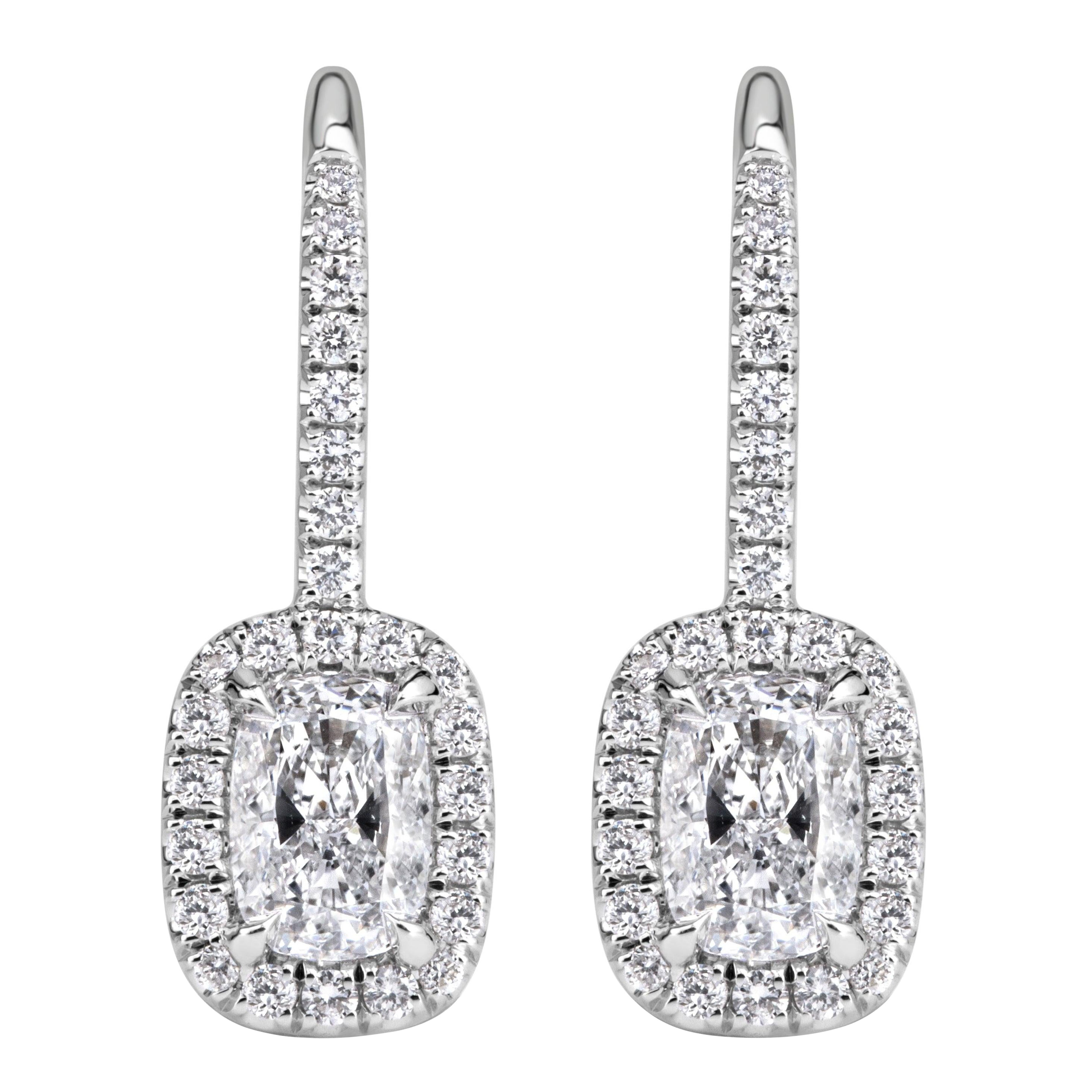 1.25ct Cushion Cut Diamond Halo Dangle Earrings in 18K White Gold