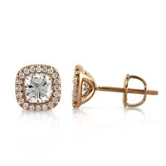 Boucles d'oreilles en or rose 18 carats avec diamant taillé en coussin de 1,25ct