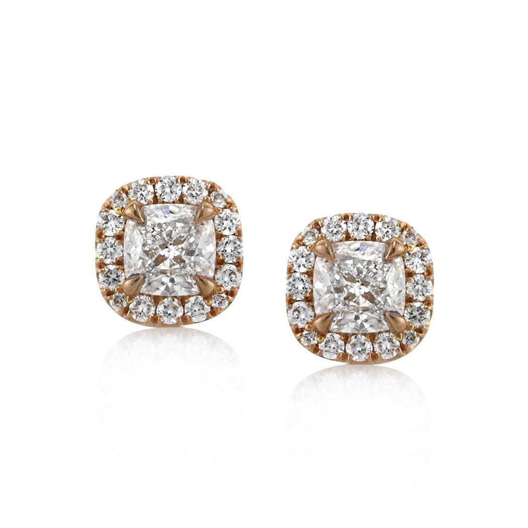 1.25ct Cushion Cut Diamond Stud Earrings in 18k Rose Gold For Sale
