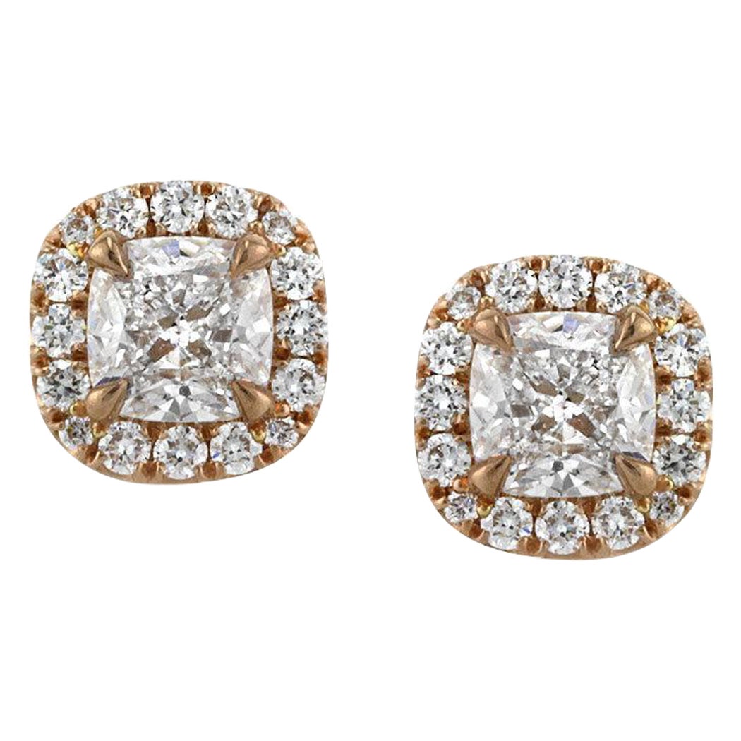 1.25ct Cushion Cut Diamond Stud Earrings in 18k Rose Gold
